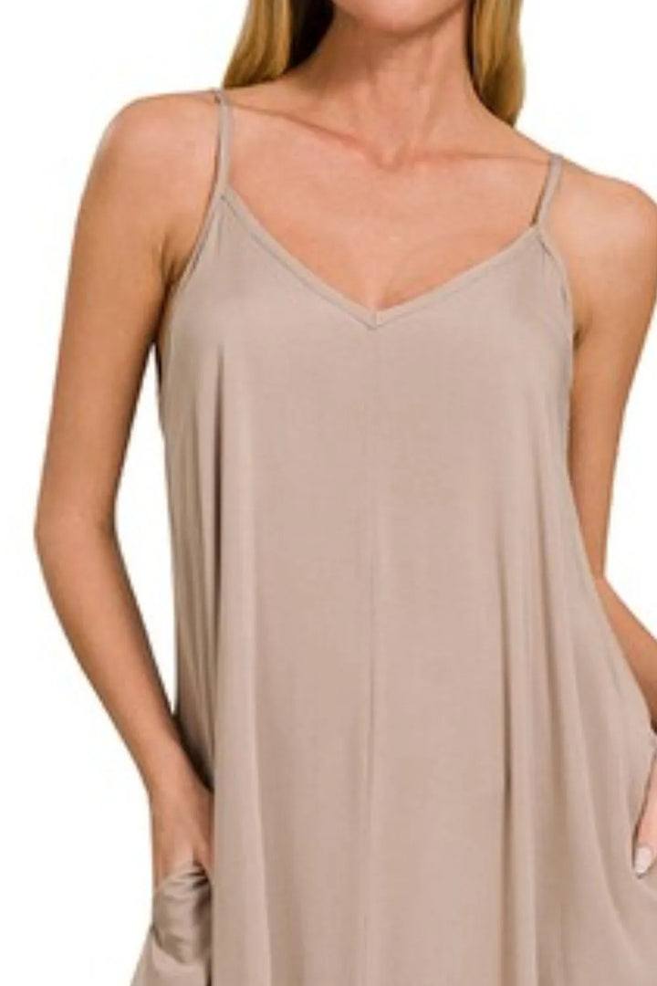Lt Mocha Zenana Woven Arc Hem Cami Dress With Flowy Pockets 1