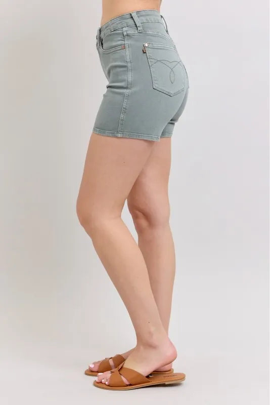 Stone Blue Judy Blue Full Size Hw Garment Dyed Back Pkt Embroidery Shorts Plus Size