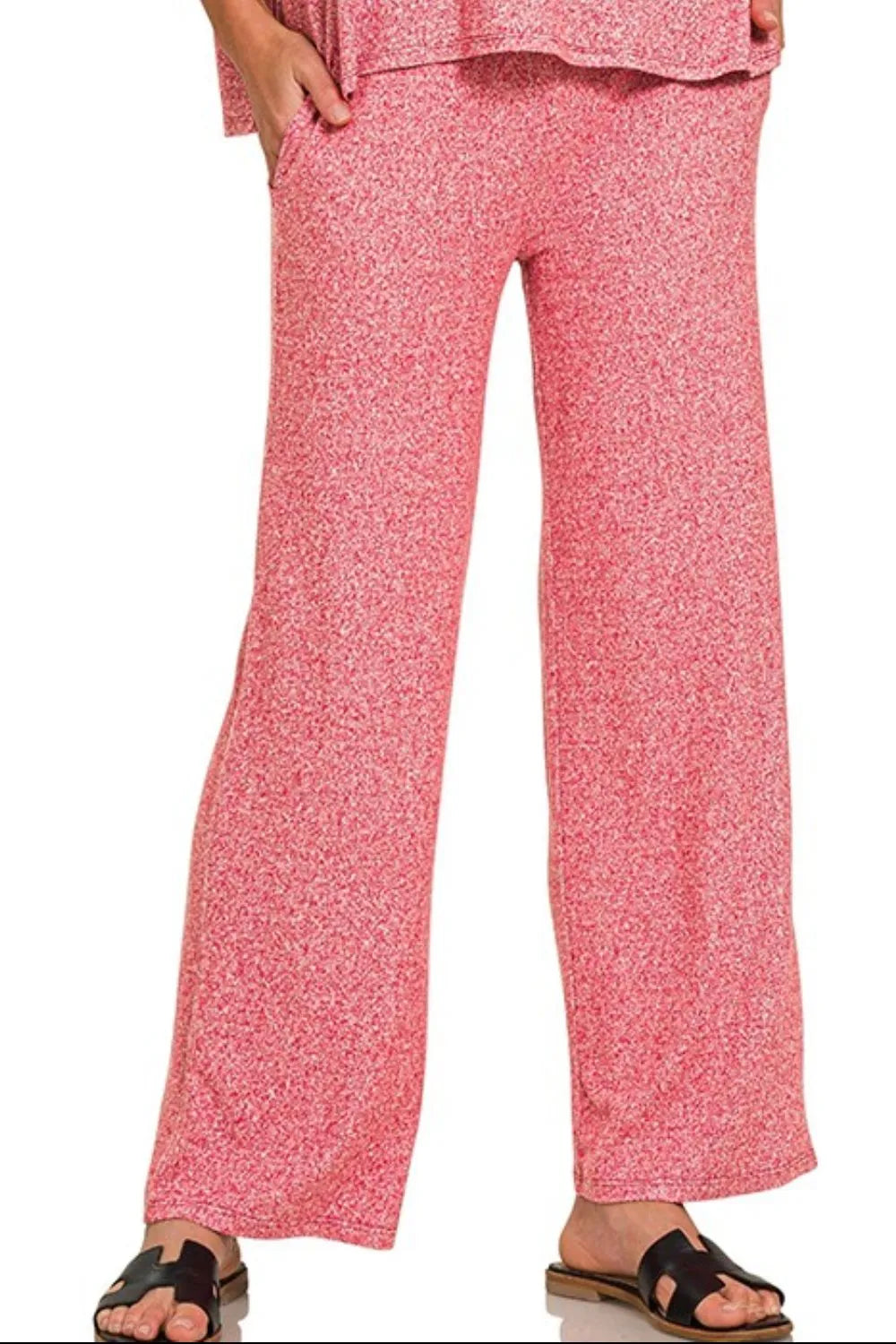 Dk Red Zenana Soft Melange Short Sleeve Tee Long Pants Set 3