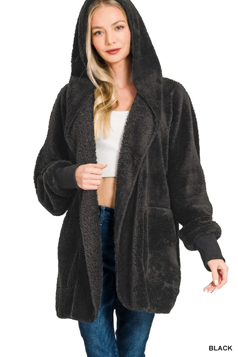 Black Zenana Hooded Faux Fur Jacket With Pockets