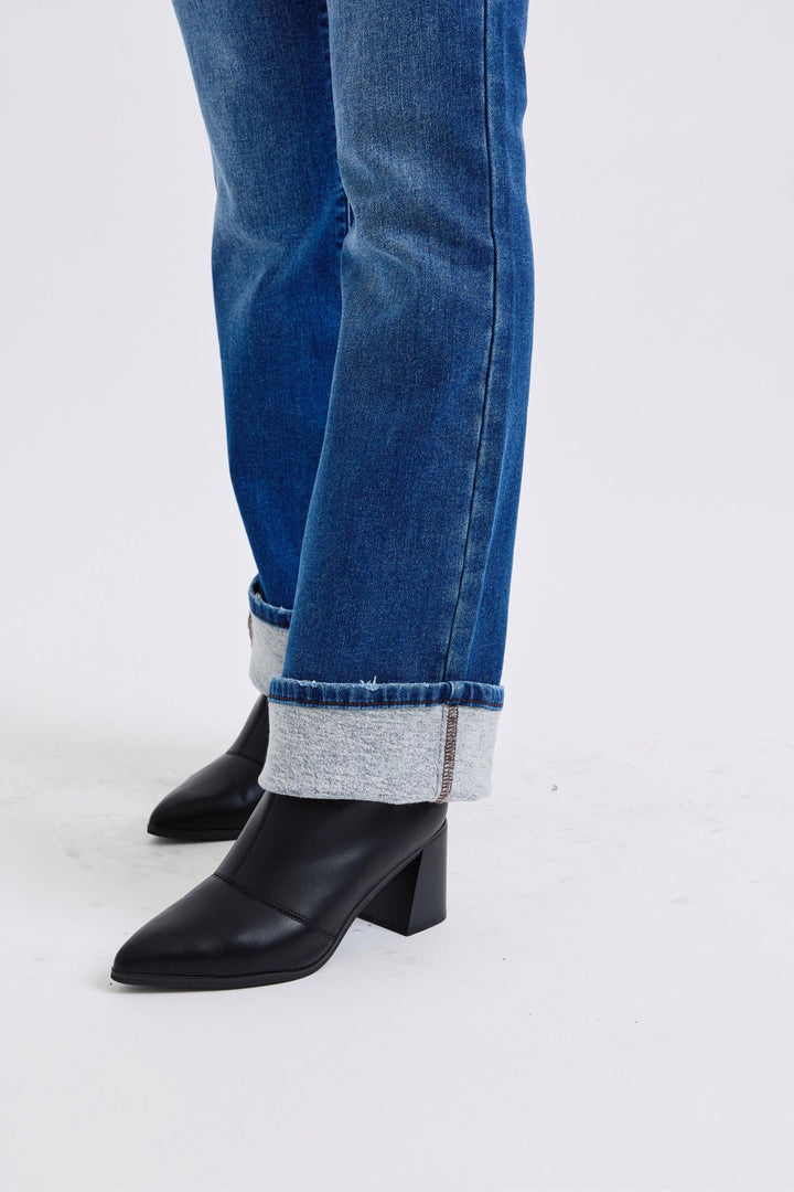Dark Judy Blue Full Size Run Mid Rise Bootcut Jeans With Thermal Lining