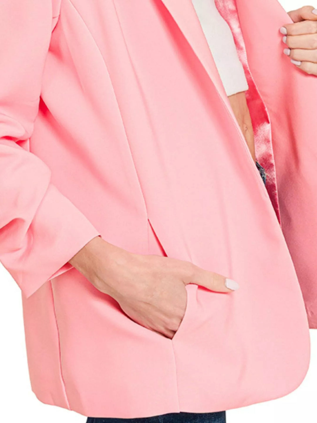 Dk Pink Zenana Woven 3 4 Ruched Sleeve Open Front Classic Blazer