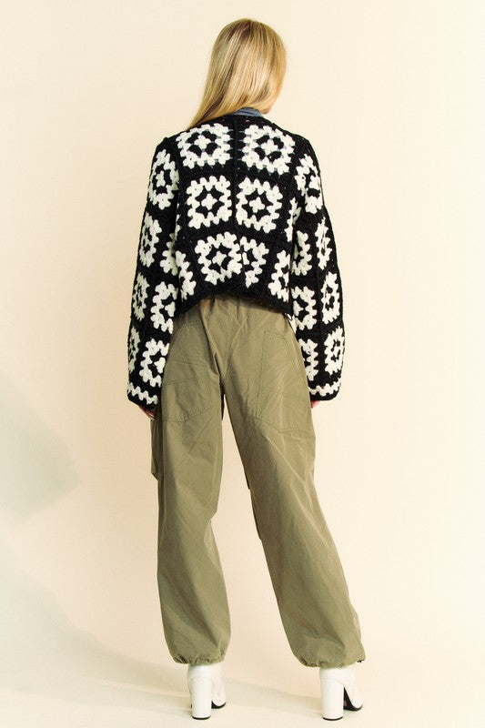WHITE BLACK Davi Dani Full Size Two Tone Flower Square Crochet Open Front Cardigan