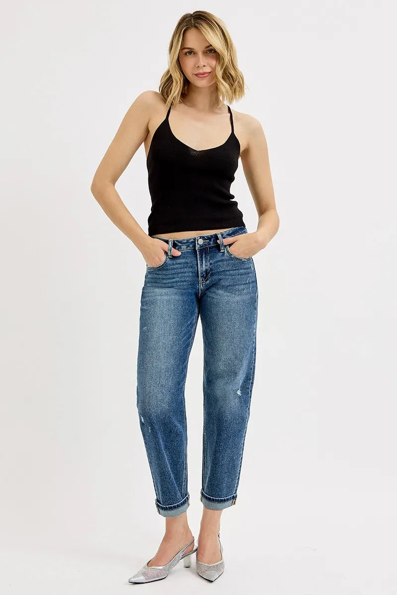 Dark Risen Full Size Low Rise Crop Boyfriend Jeans Plus Size