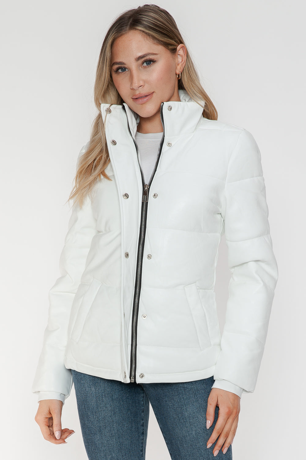 White Ymi Pocketed Zip Up Turtleneck Puffer Jacket 1
