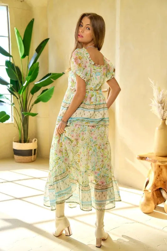 Davi Dani Spring Floral Border Print Ruffled Textured Top