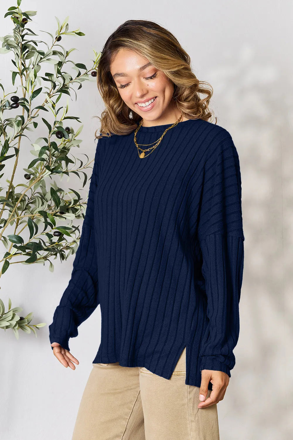 Dark Blue Basic Bae Full Size Ribbed Round Neck Slit Knit Top