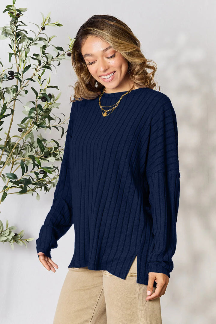 Dark Blue Basic Bae Full Size Ribbed Round Neck Slit Knit Top