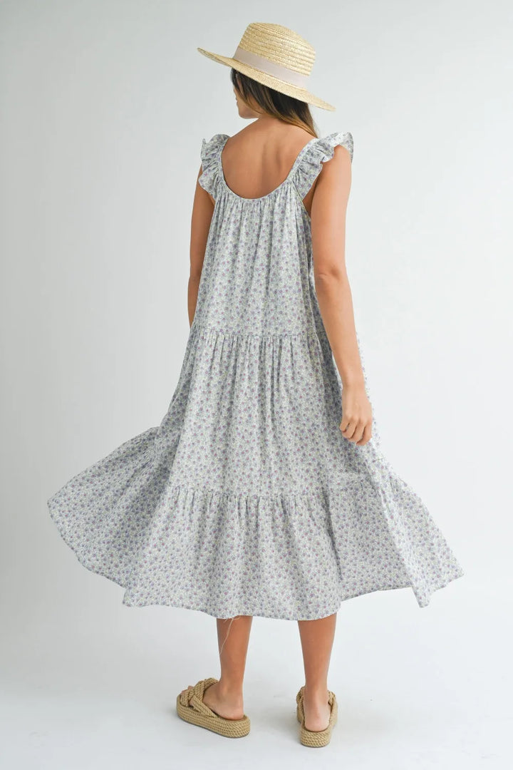 Blue Mable Floral Ruffle Shoulder Tiered Midi Dress
