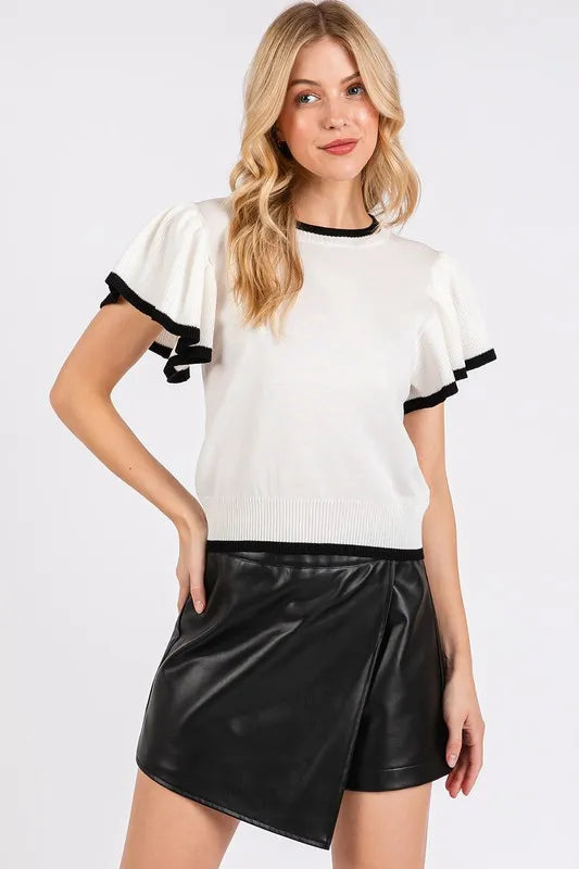 White Mittoshop Contrast Trim Ruffled Cap Sleeve Knit Top