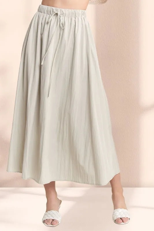 Khaki Adora Drawstring Waist Crinkle Maxi Skirt