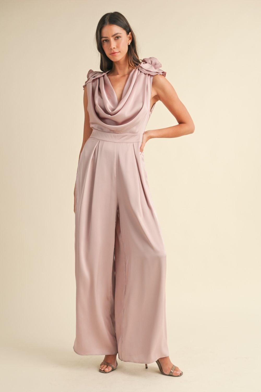 Dusty Mauve Mable 3D Floral Applique Deep Cowl Neck Jumpsuit