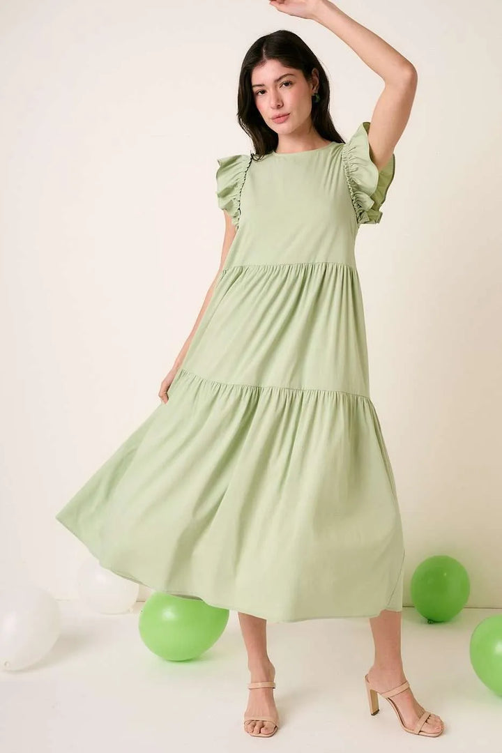 Sage Mittoshop Ruffle Short Sleeve Tiered Maxi Dress