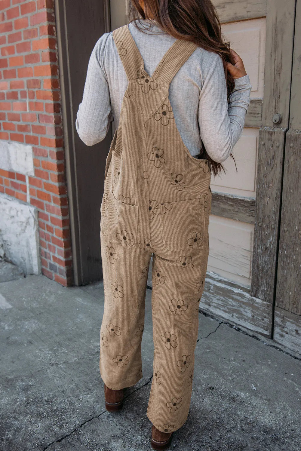 Khaki Flower Wide Strap Overalls With Pockets