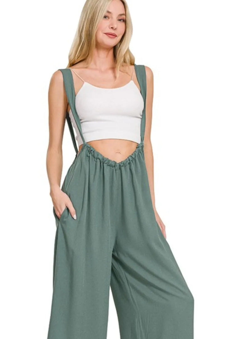 Ash Jade Zenana Woven Tie Back Suspender Jumpsuit