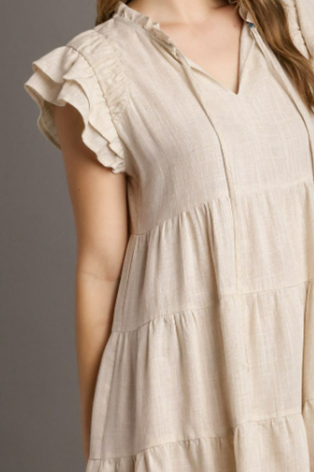 OATMEAL Umgee Full Size Linen A Line Tiered Mini Dress Plus Size