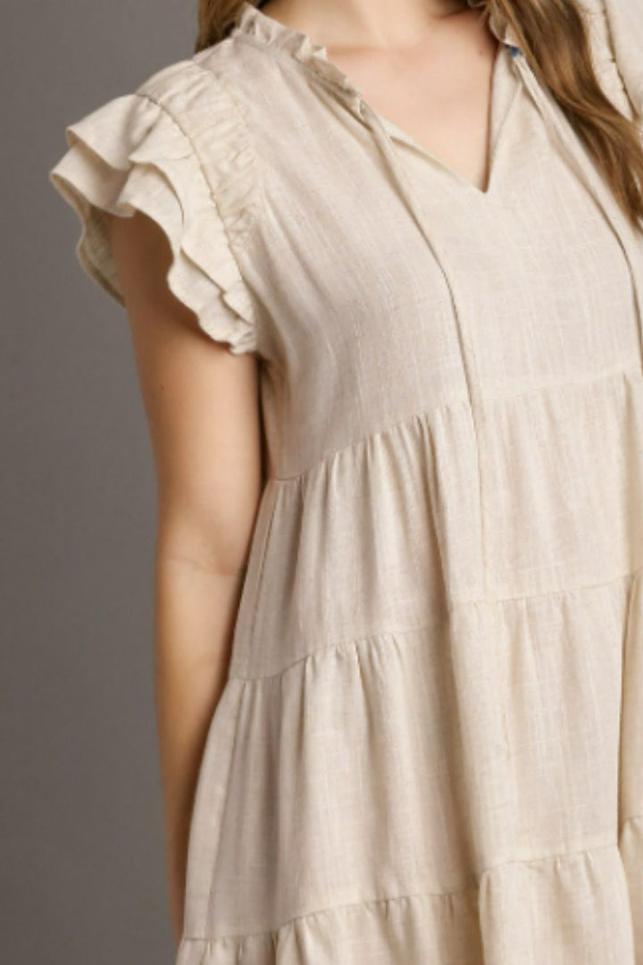OATMEAL Umgee Full Size Linen A Line Tiered Mini Dress Plus Size
