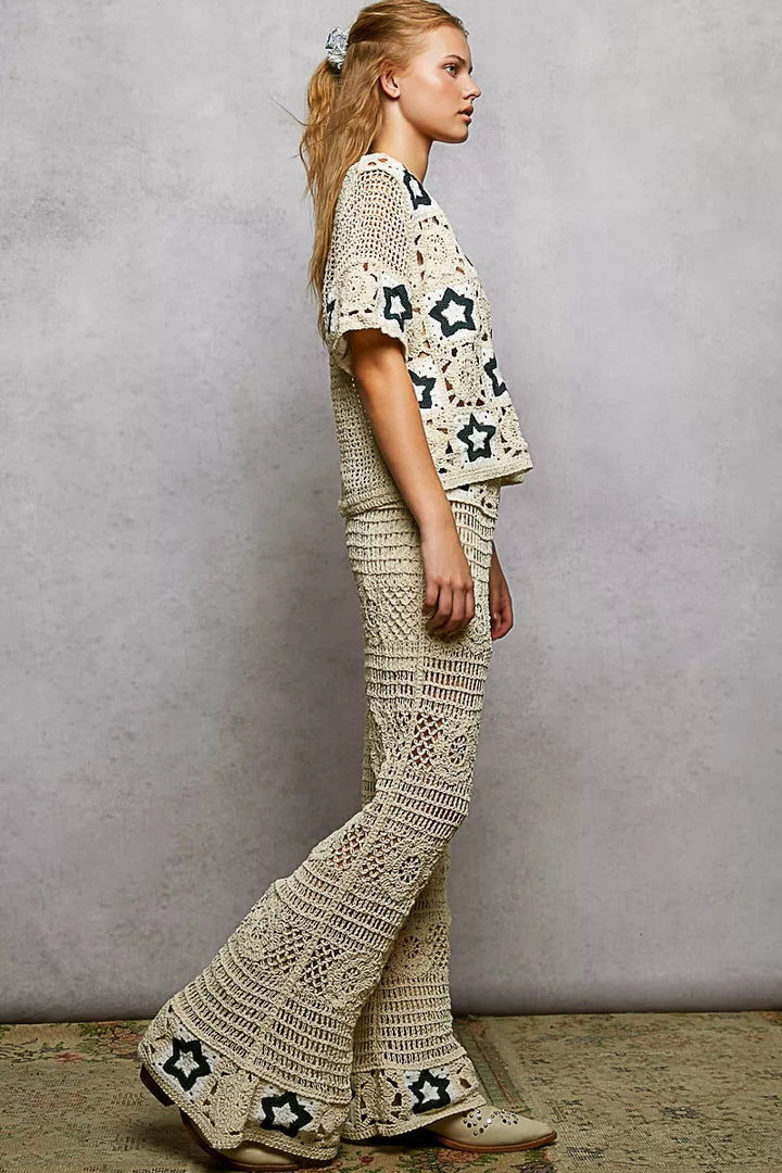 Pol Openwork Crochet Flare Pants With Contrast Star 1