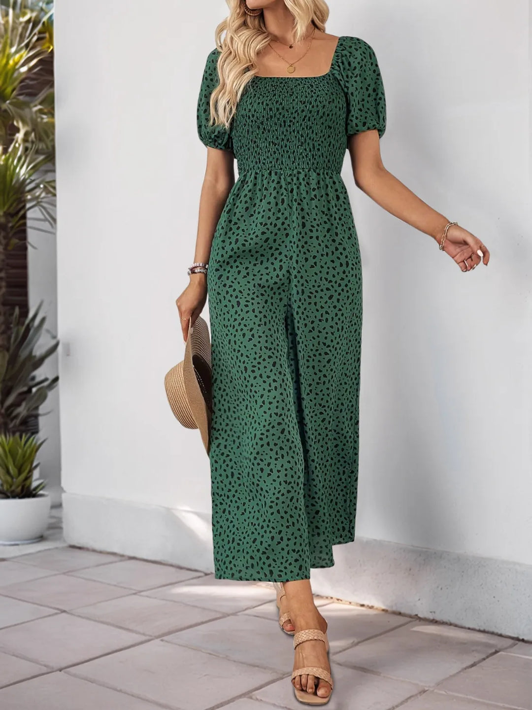 Dark Green Printed Square Neck Puff Sleeve Jumpsuit
