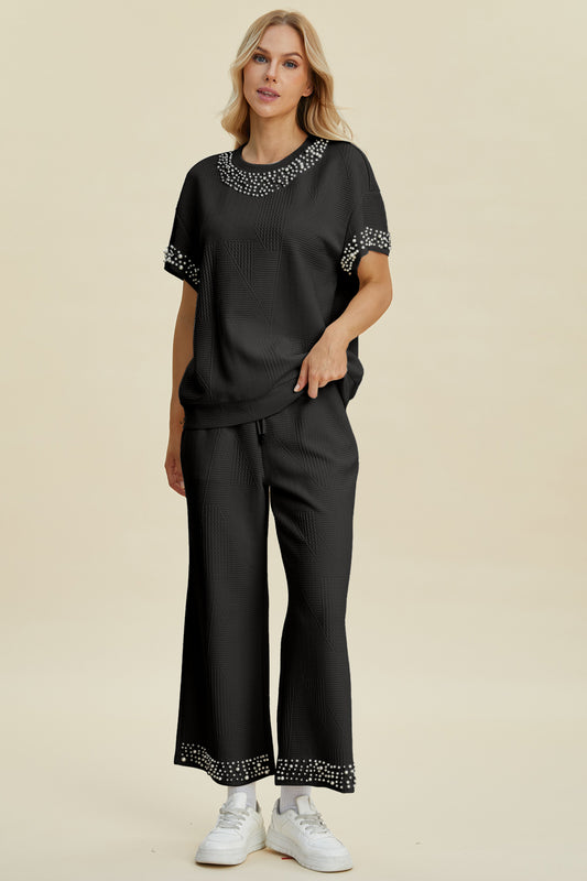 Black Double Take Full Size Pearl Detail Round Neck Top And Pants Set
