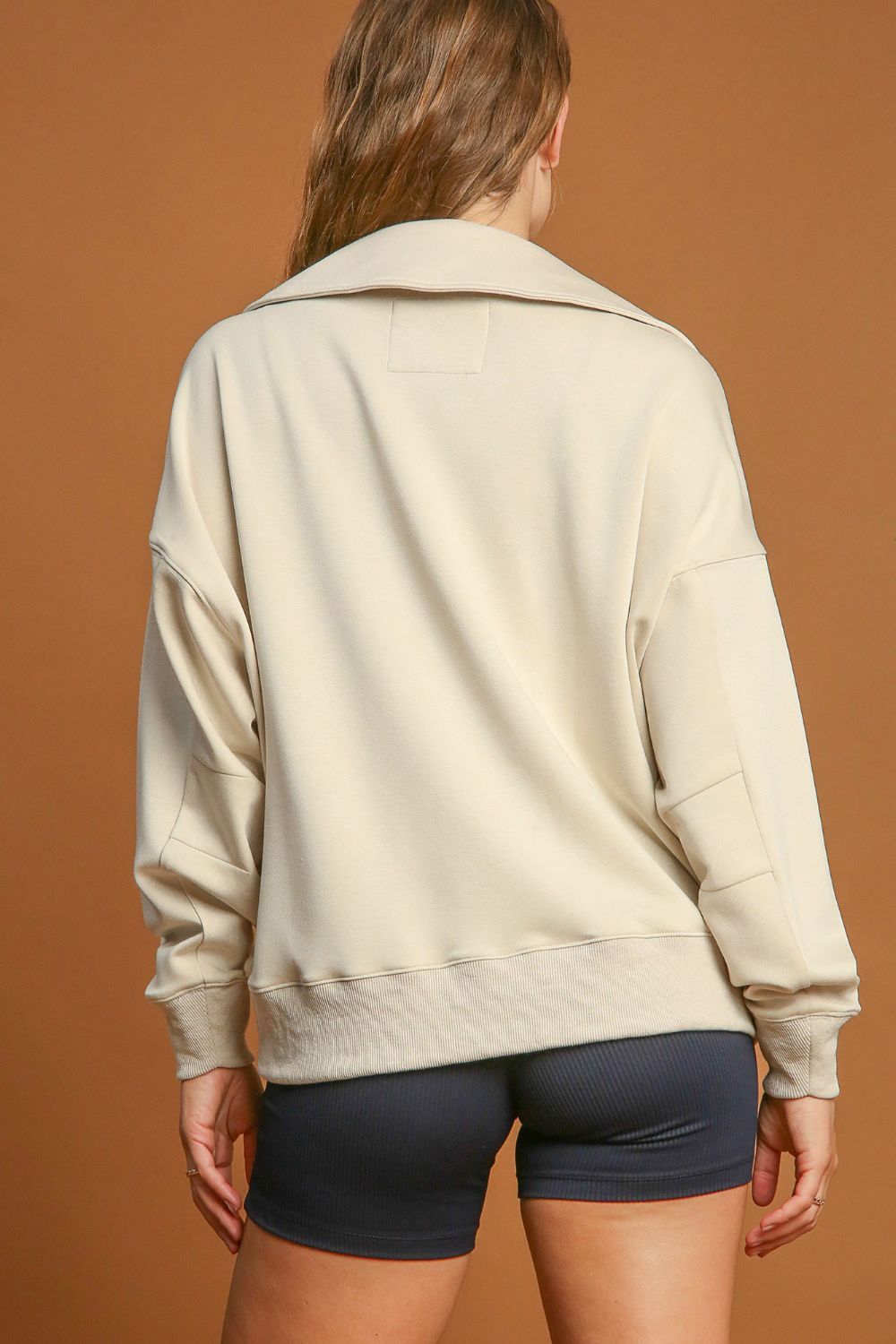 Ecru Umgee Johnny Collar Dropped Shoulder Sweatshirt 1