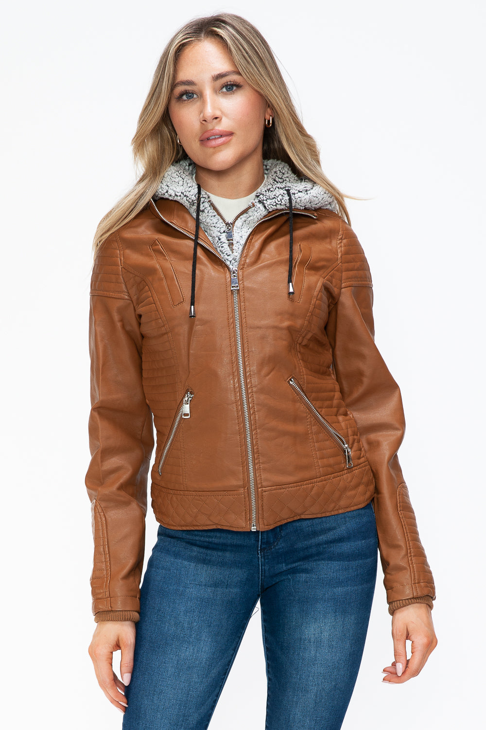 Camel Ymi Faux Layered Double Zipper Jacket With Fuzzy Hood 4