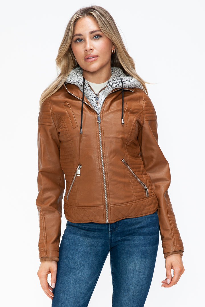 Camel Ymi Faux Layered Double Zipper Jacket With Fuzzy Hood 4