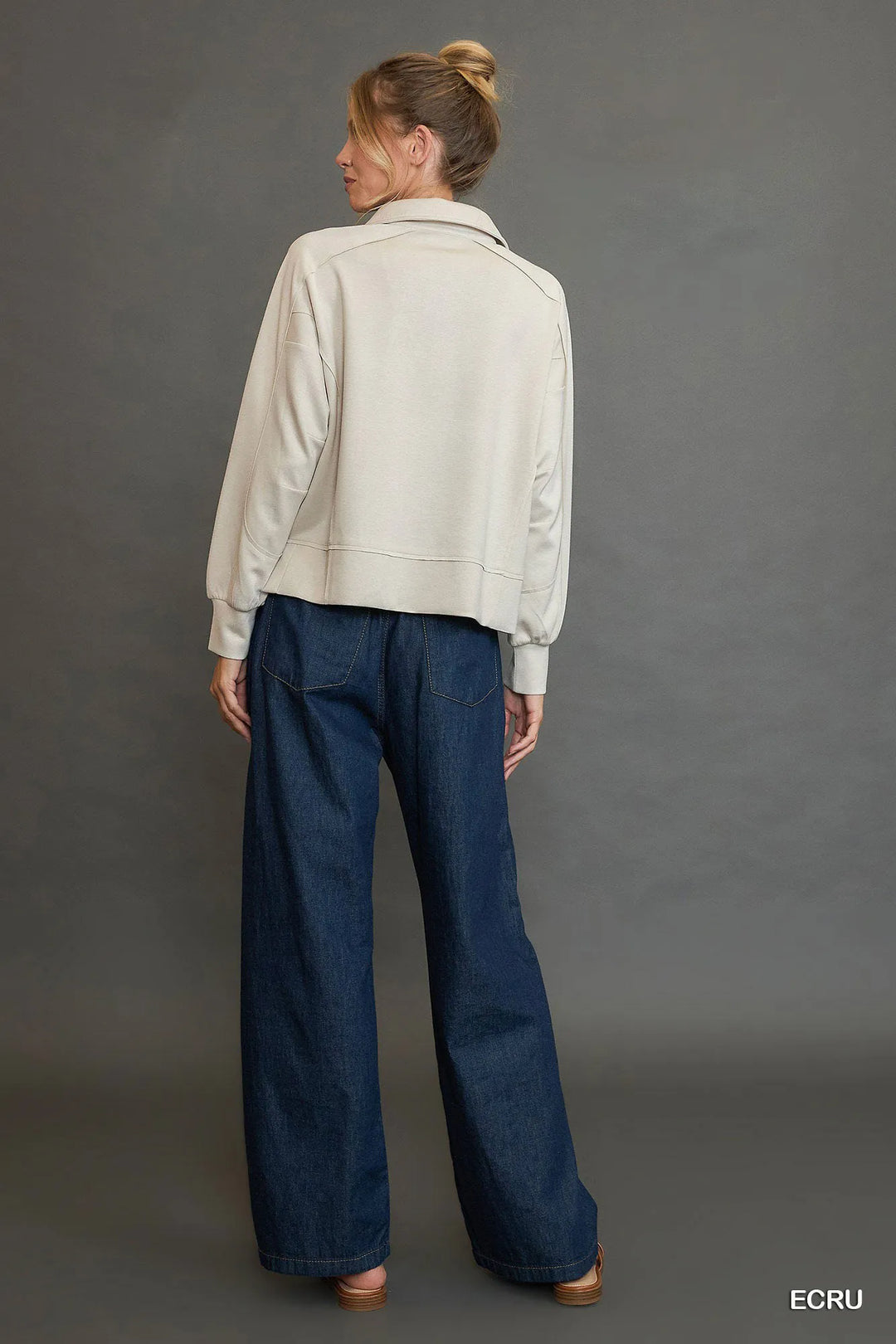 Umgee Collared Neck Long Sleeve Top With Raw Hem Detail 2