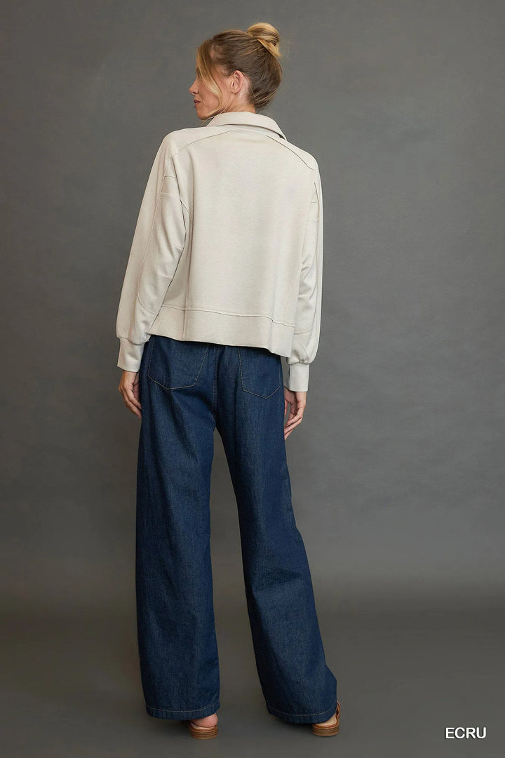 Umgee Collared Neck Long Sleeve Top With Raw Hem Detail 2