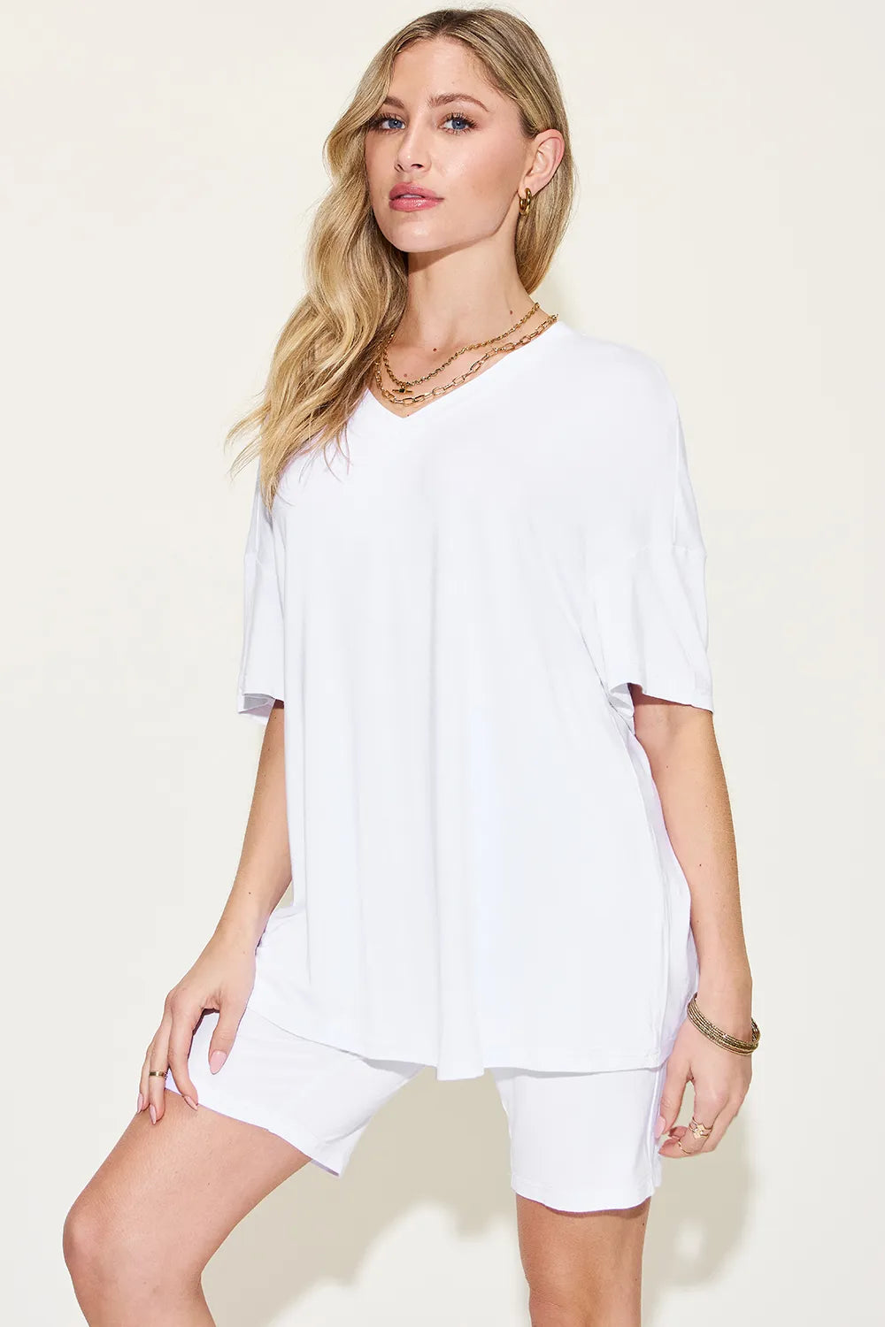 White Basic Bae Full Size V Neck Drop Shoulder T Shirt And Shorts Set