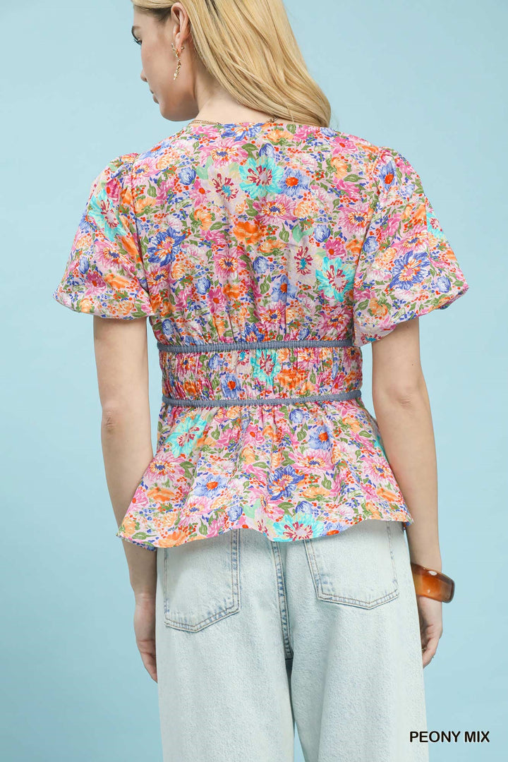 Peony Mix Umgee Mix Floral Smocked Waist Blouse
