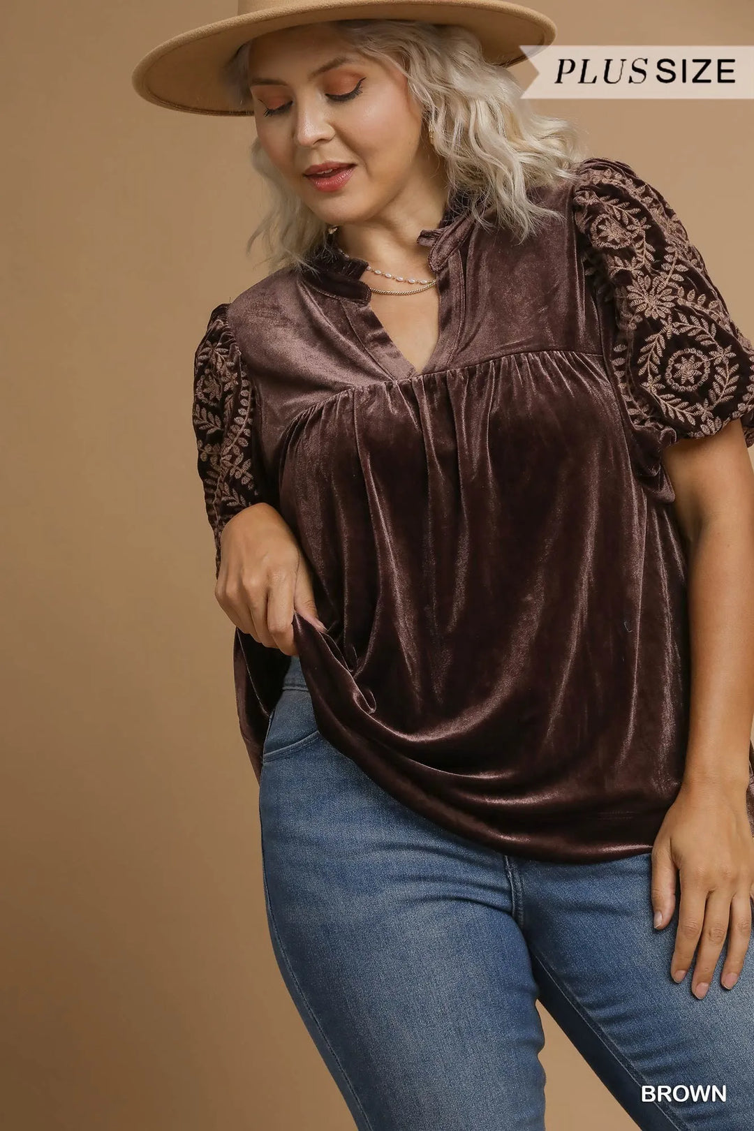 Brown Umgee Full Size Velvet Embroidered Sleeve Blouse Plus Size