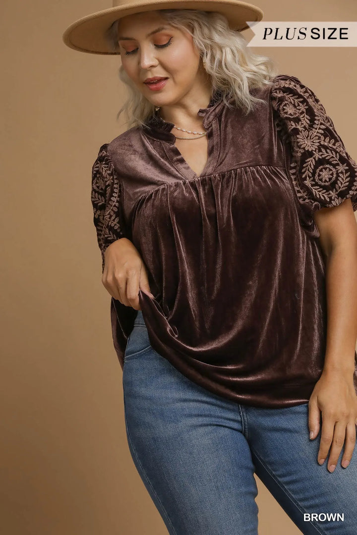 Brown Umgee Full Size Velvet Embroidered Sleeve Blouse Plus Size