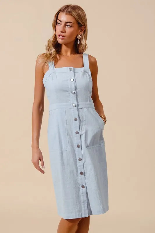 Lt Denim So Me Button Down Pocket Front Pinafore Dress 1