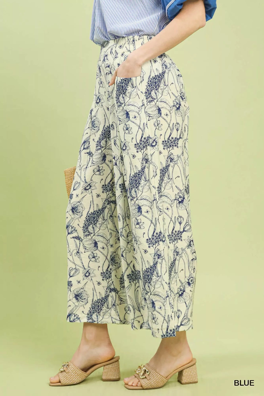 Blue Umgee Two Tone Floral Print Pants 1