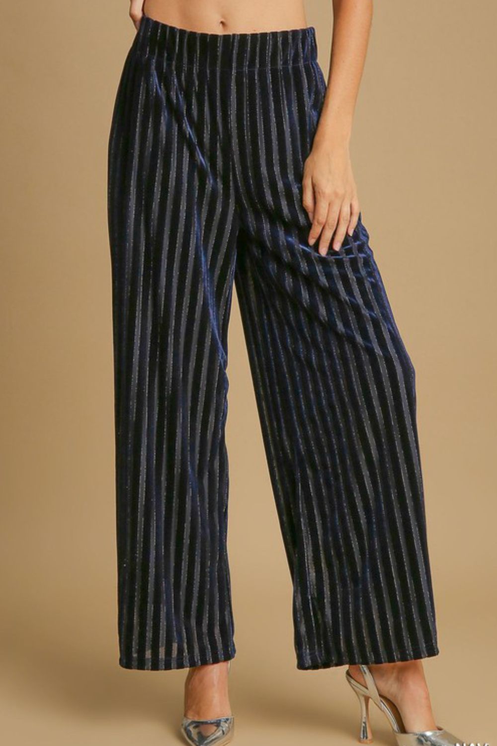 Navy Umgee Full Size Elastic Waist Striped Wide Leg Velvet Pants