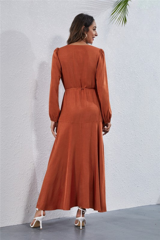 Rust Womens V Neck Long Sleeve Maxi Dress