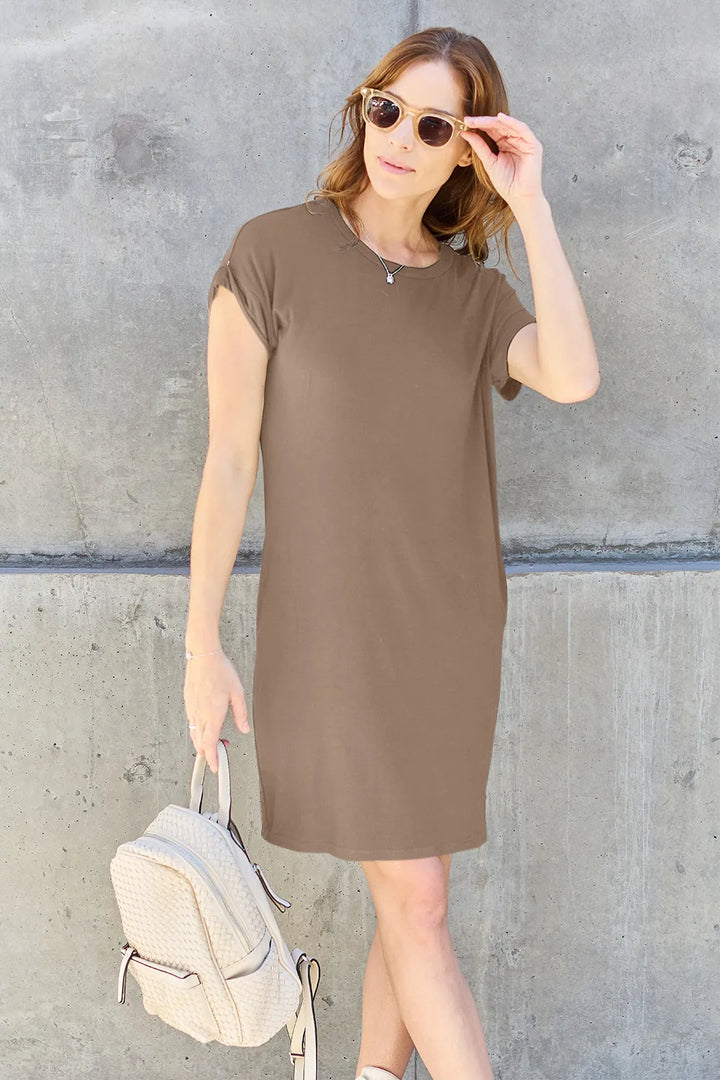 Camel Basic Bae Full Size Round Neck Short Sleeve Dress With Pockets