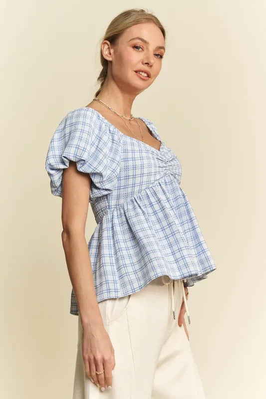 Davi Dani Plaid Puff Sleeves Ruffled Smocked Blouse
