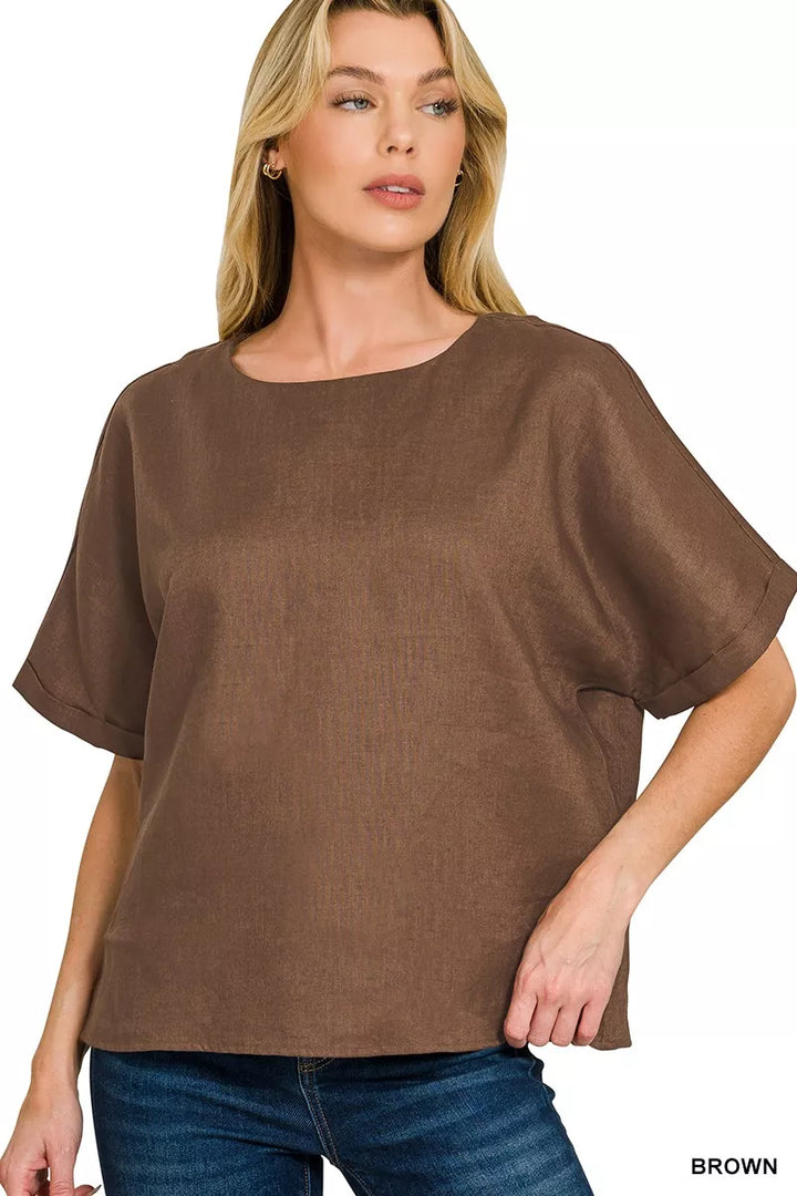 Brown Zenana Linen Round Neck Cuffed Sleeve Top 1