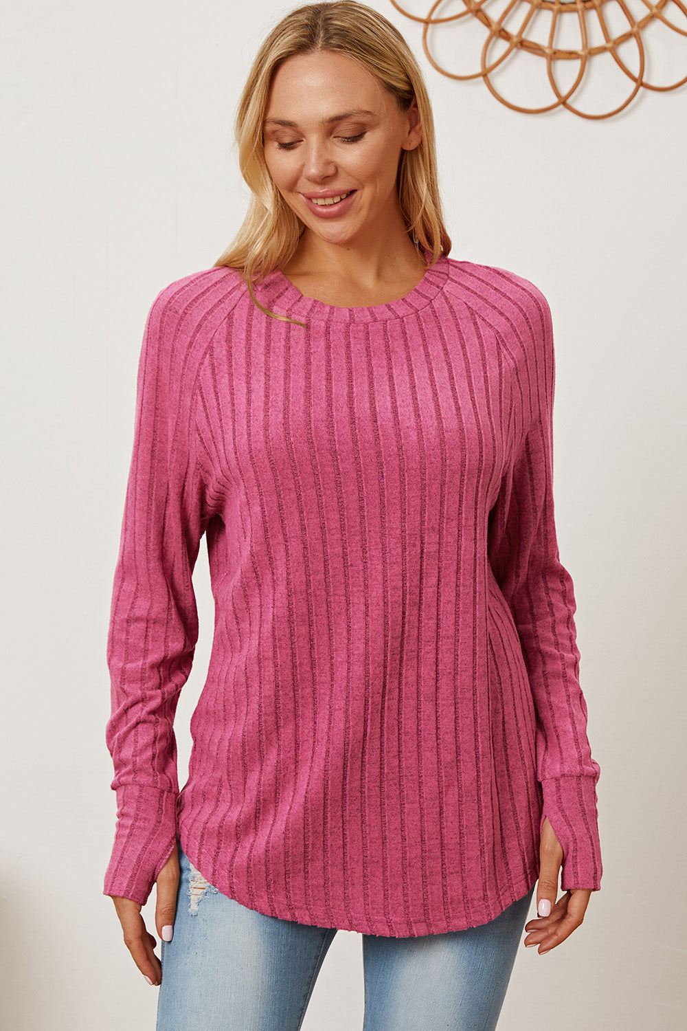Turquoise Basic Bae Full Size Ribbed Thumbhole Sleeve T Shirt
