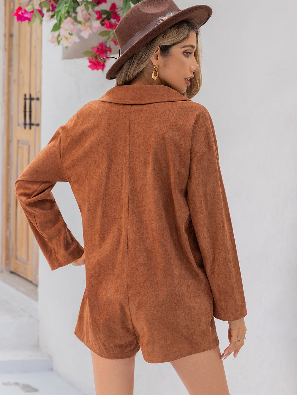 Caramel Lapel Collar Long Sleeve Romper