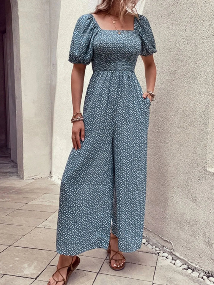 Dusty Blue Printed Square Neck Puff Sleeve Jumpsuit 1