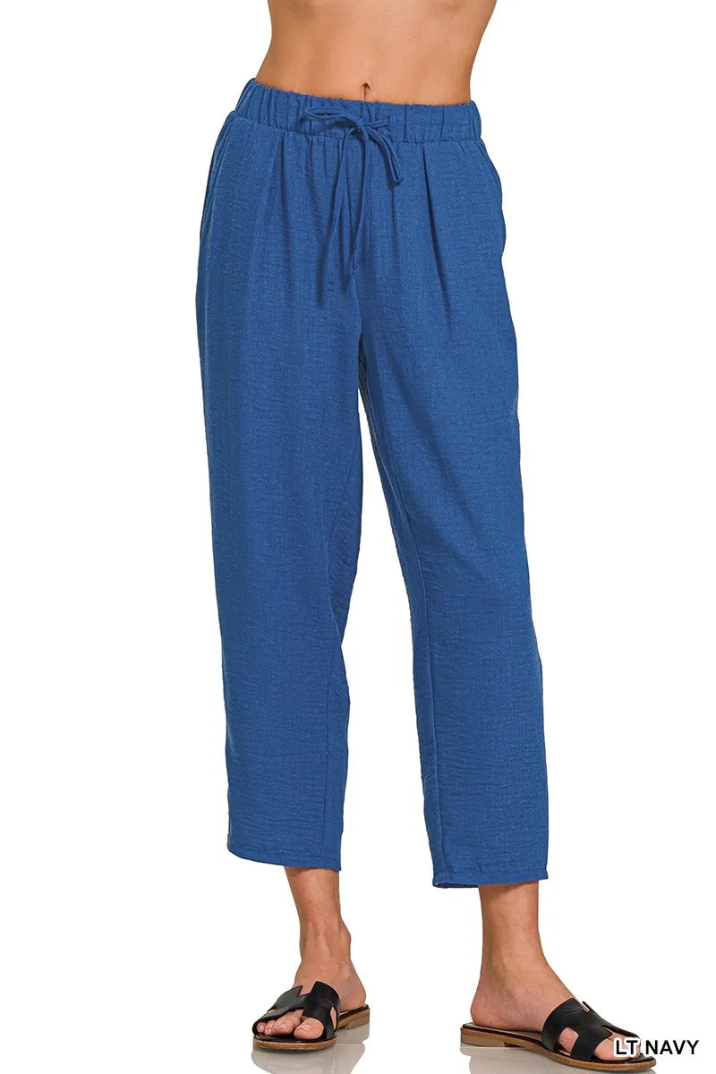 Lt Navy Zenana Woven Crepe Elastic Band Waist Pants 2