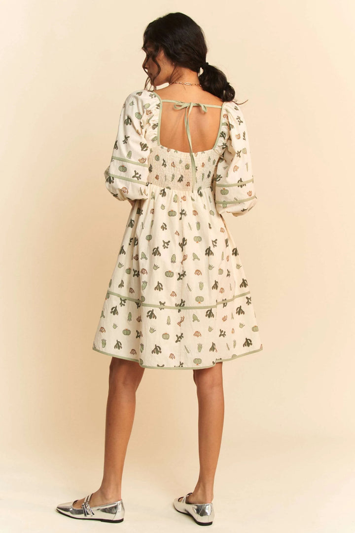 Davi Dani Cactus Printed Poplin Contrast Piping Mini Dress