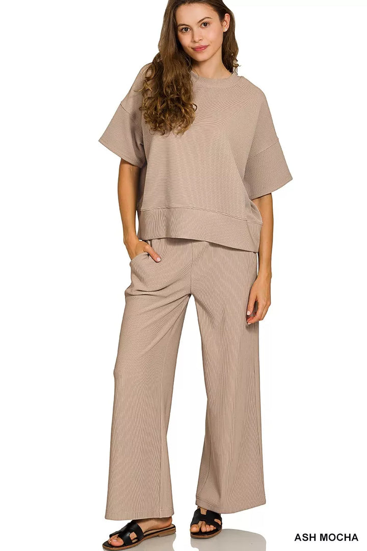 Ash Mocha Zenana Ribbed Round Neck Tee Pants Set