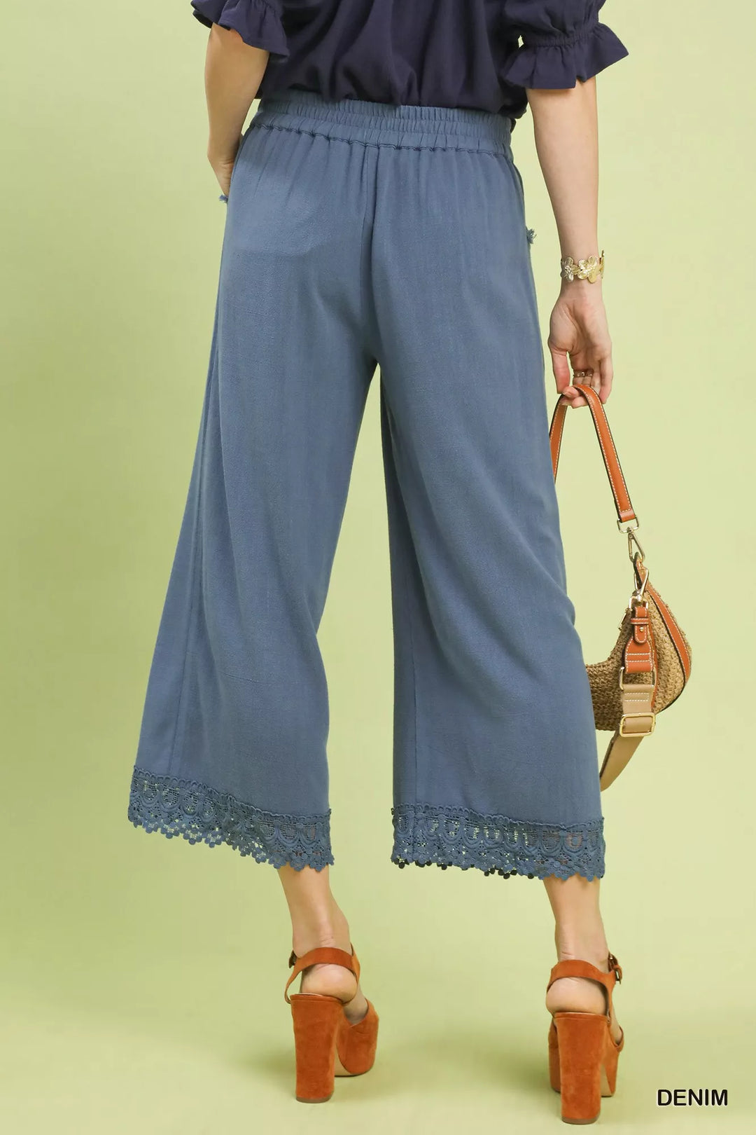 Umgee Linen Wide Leg Cropped Pants With Lace Trim 1