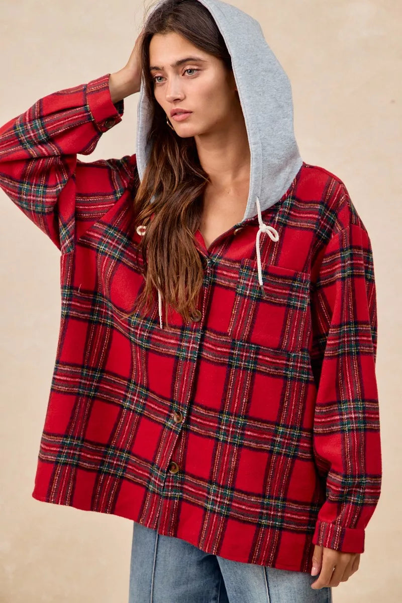 Red Plaid Bibi Brushed Plaid Hooded Jacket