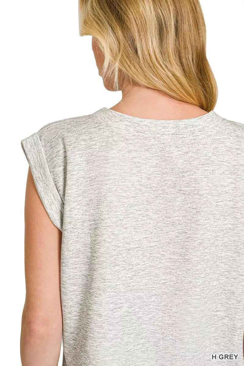 H Grey Zenana Scuba Round Neck Cap Sleeve Top