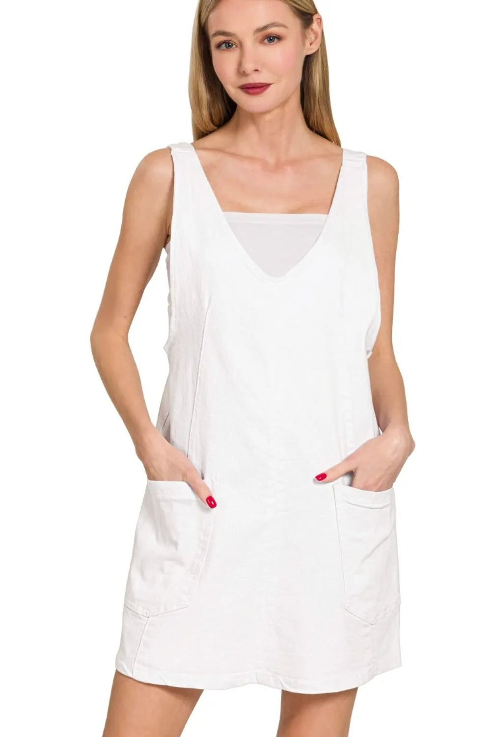 White Zenana Washed Adjustable Strap Denim Overall Dress